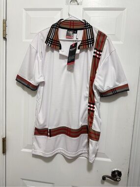REVIVAL White Polo Shirt with Plaid Trim - Classic Short Sleeve new with tag
